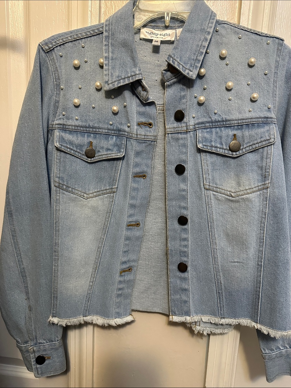 Eighty Eight Light Blue Denim Jacket with Pearl Studs